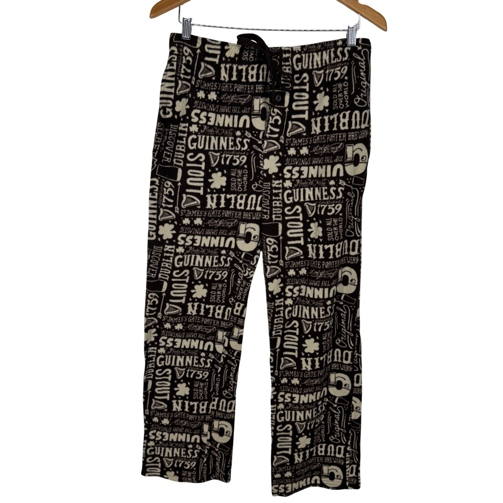 Guinness Mens Fleece Lounge Pajama Pants Brown Cream‎ Large Elastic Logo Pockets
